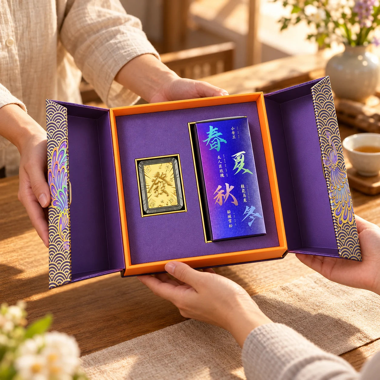 Two people sharing the complete purple and gold car diffuser gift set across a warm wooden table