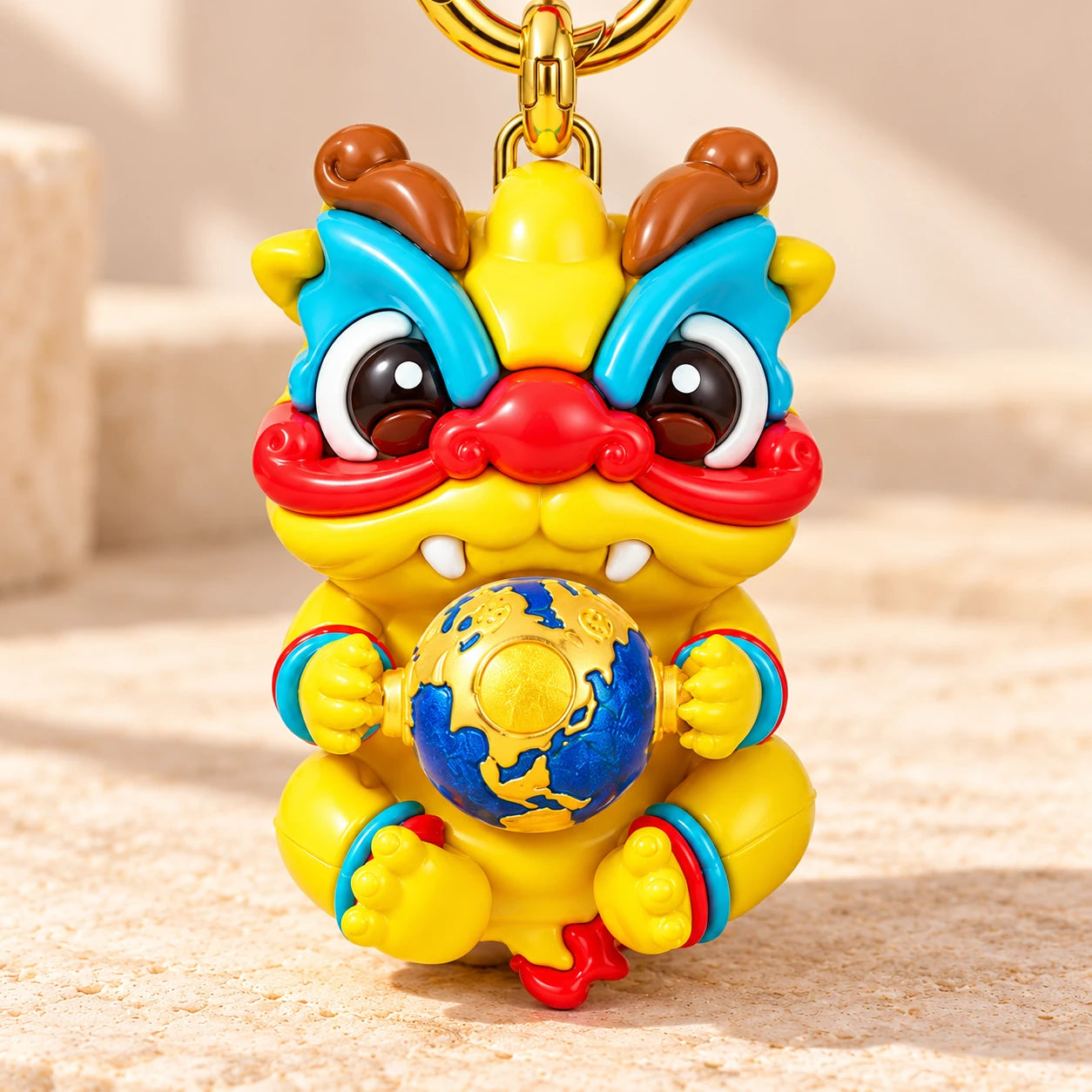 Close view of the Dragon Charm’s expressive eyes, turquoise brows and red nose