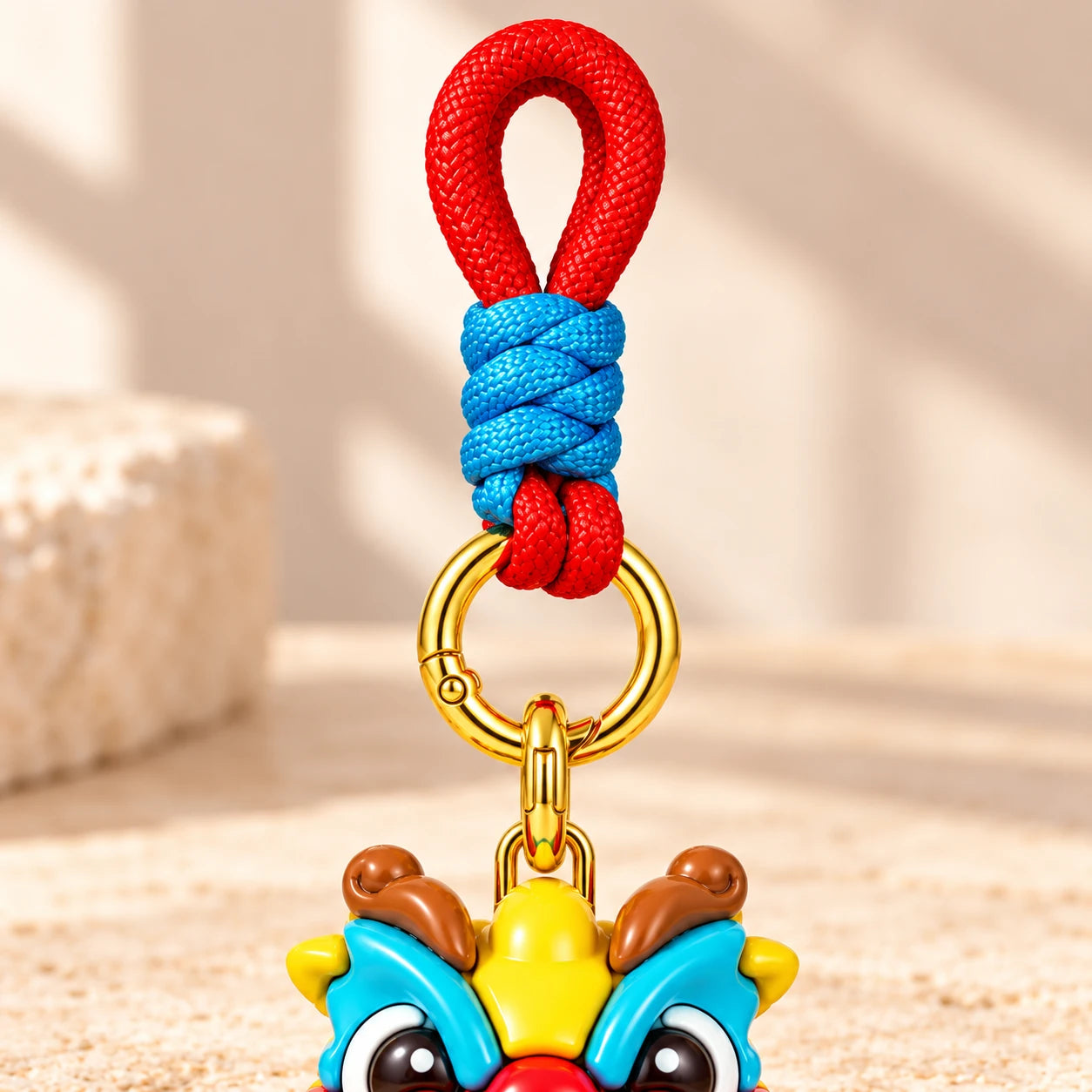 Close view of the Dragon Charm’s braided red loop, blue knot and connected gold-toned ring