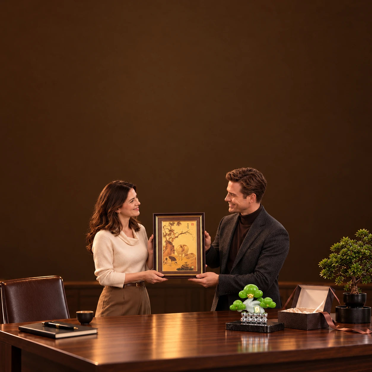 Two colleagues exchange Three Rams framed gold artwork beside an Evergreen Pine ornament in an office.