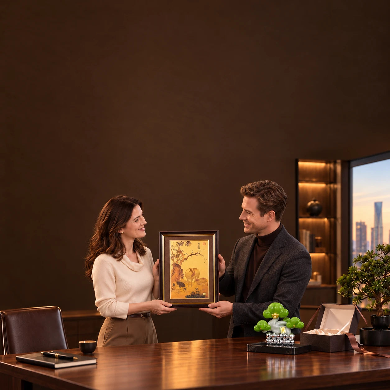 Two colleagues exchange Three Rams framed gold artwork beside an Evergreen Pine ornament in an office.