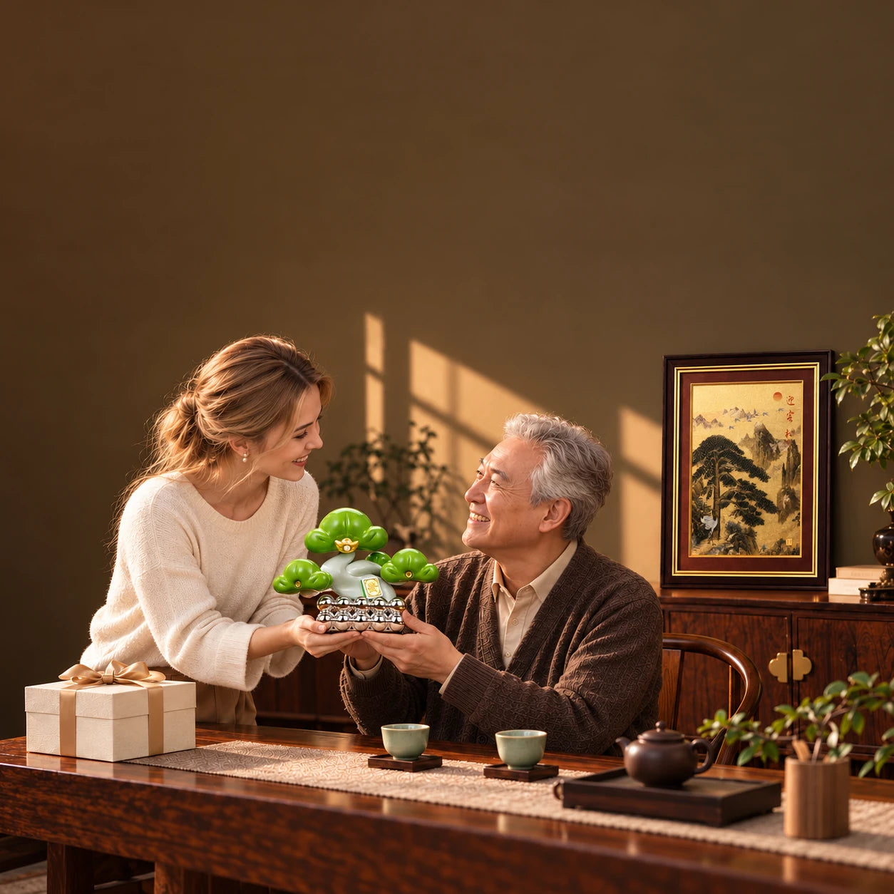 An adult daughter gives an Evergreen Pine ornament to her father, with a Chinese Pine Tree framed artwork in a warm home setting.