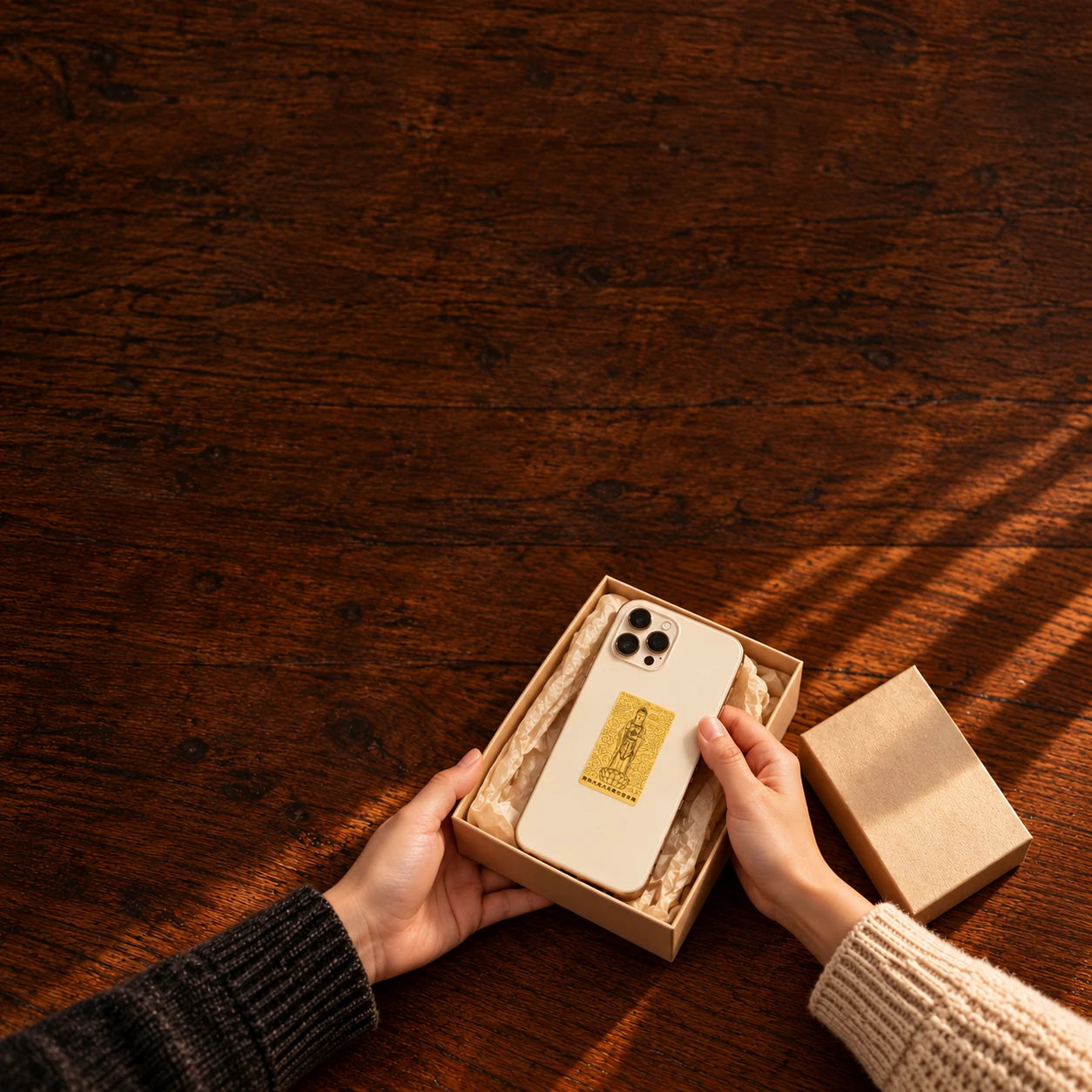 A small Guanyin gold phone sticker shown on a cream phone case during a thoughtful gift exchange.