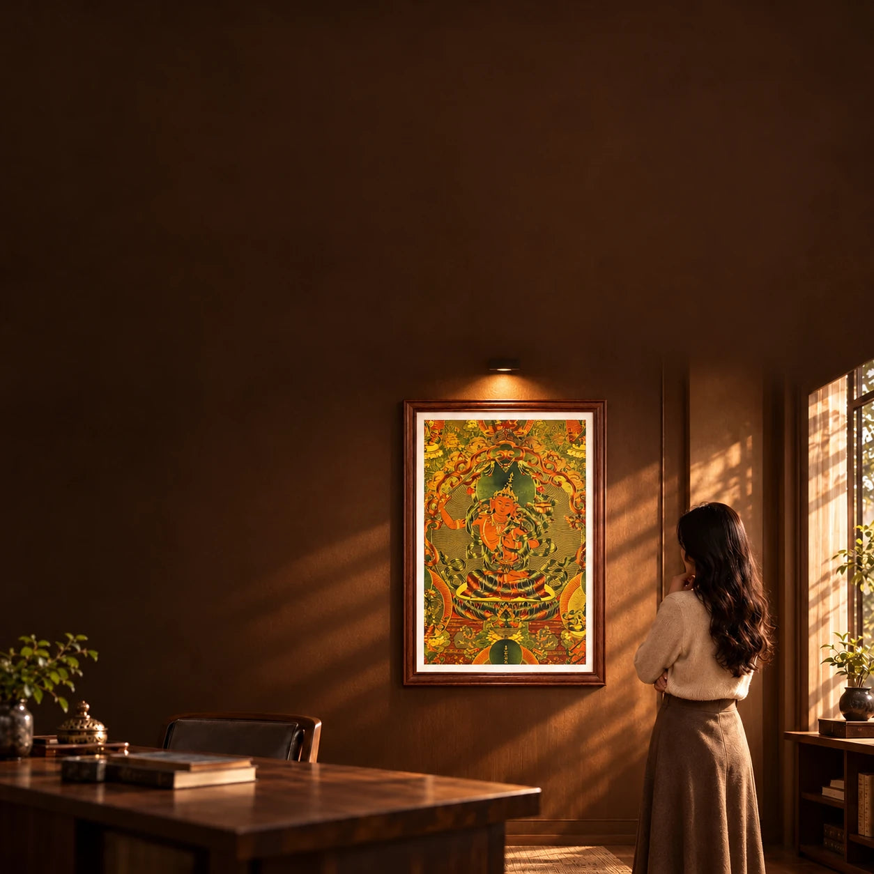 A visitor appreciates a large framed Manjushri Thangka in a warm study.